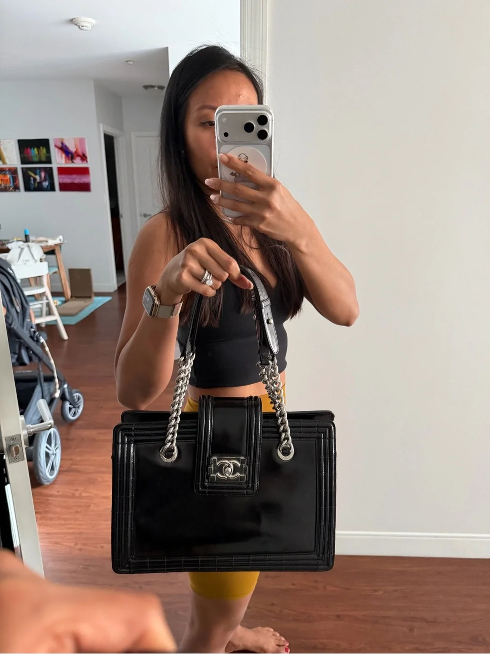 CHANEL Black Patent Satchel with Silver-Tone Chain